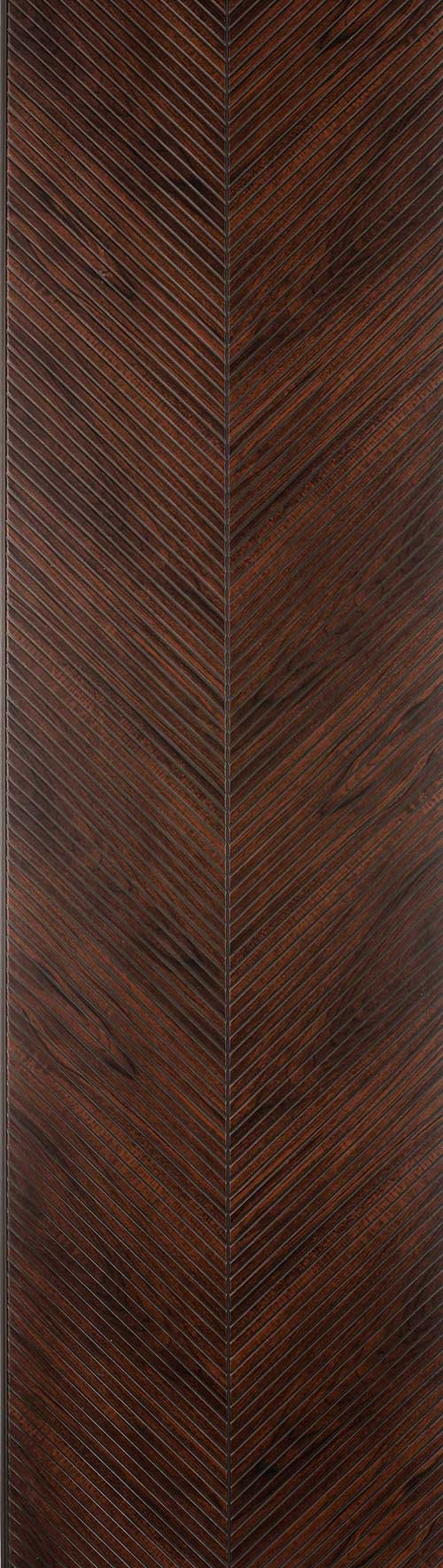 Brown fluted wall panel with matte finish and diagonal chevron pattern, showing wood grain texture and subtle sheen