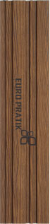 Brown wood louver panel with textured wood grain finish and Euro Pratik logo printed vertically on the surface.