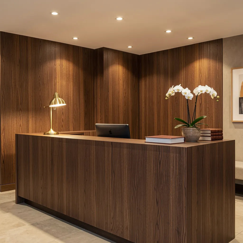 Dark brown textured laminate with vertical wood grain pattern and matte finish.
