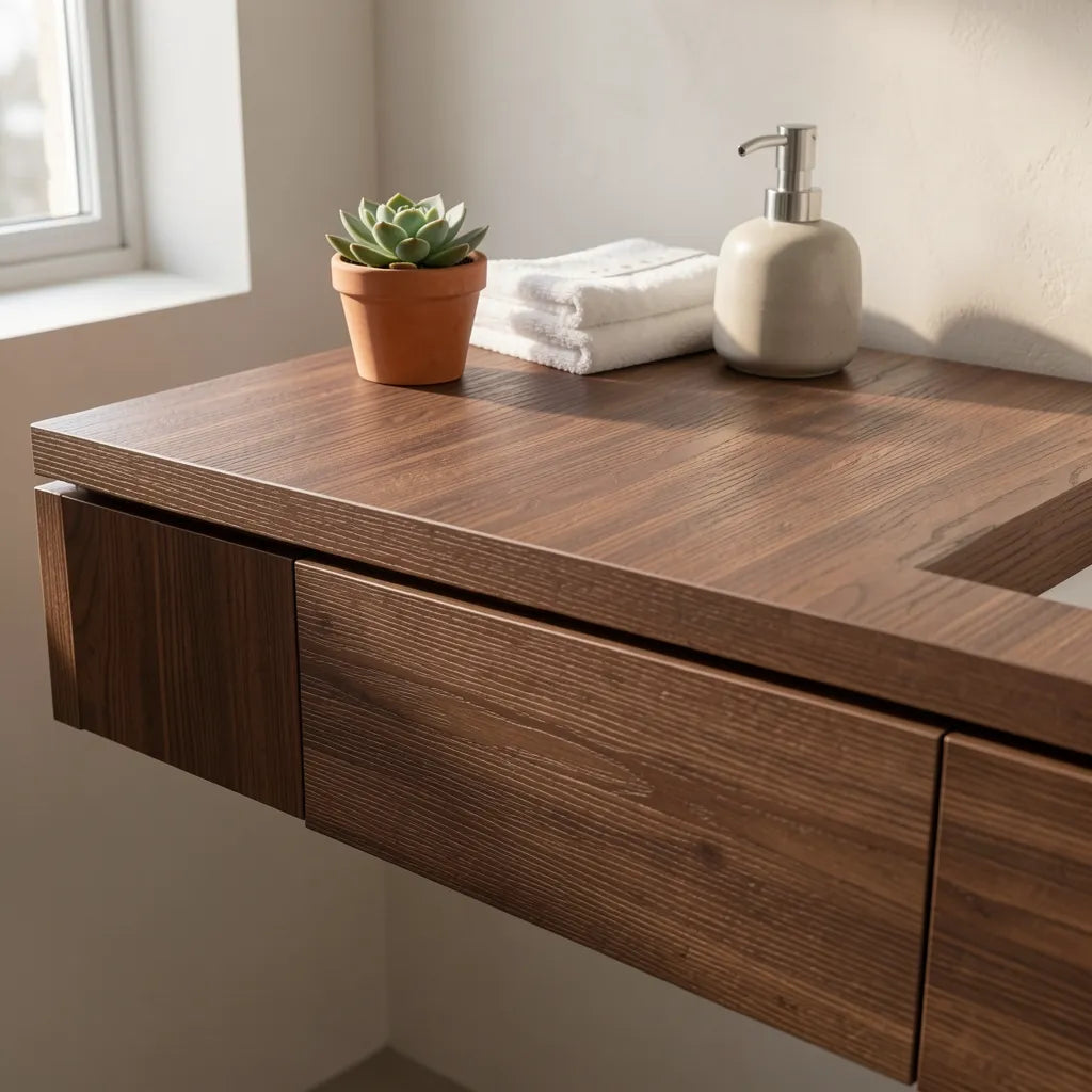 Brown wood grain laminate with textured finish and vertical grain direction.