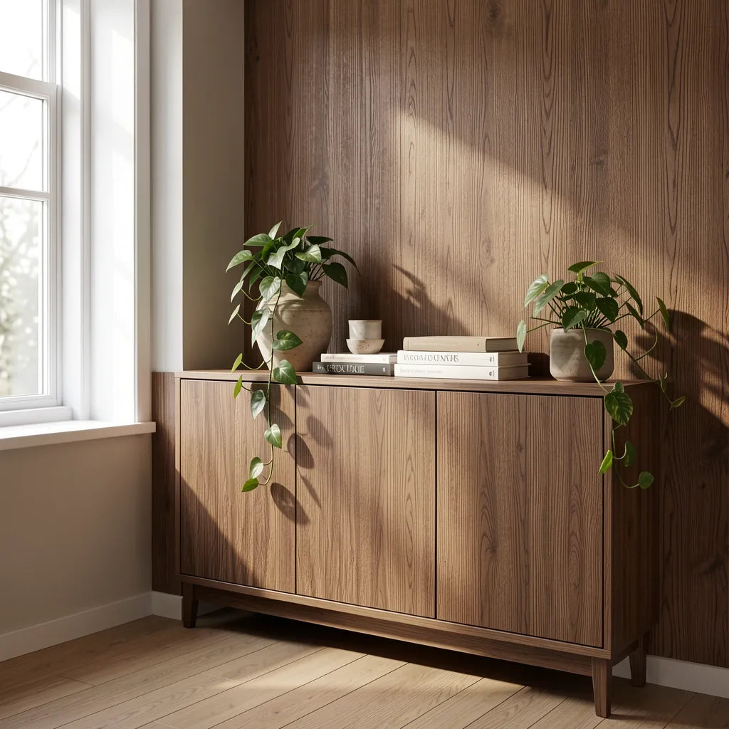 Brown wood grain laminate with textured finish and vertical grain direction.