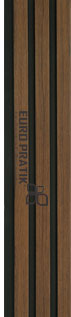Brown wooden louver panel with textured finish and wood grain visible between black slats.