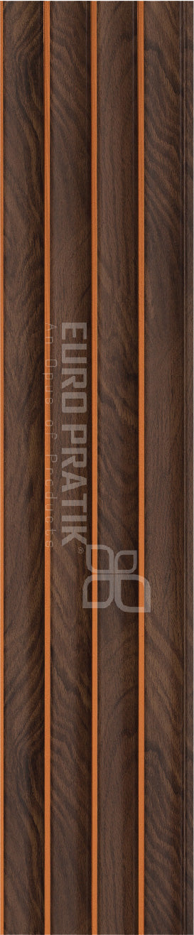 Brown wood louver panel with textured finish and wood grain pattern, featuring vertical slats and thin orange strips.