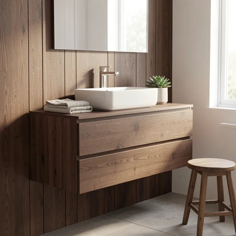 Brown laminate with textured, wood-grain pattern and vertical grain direction, matte finish.