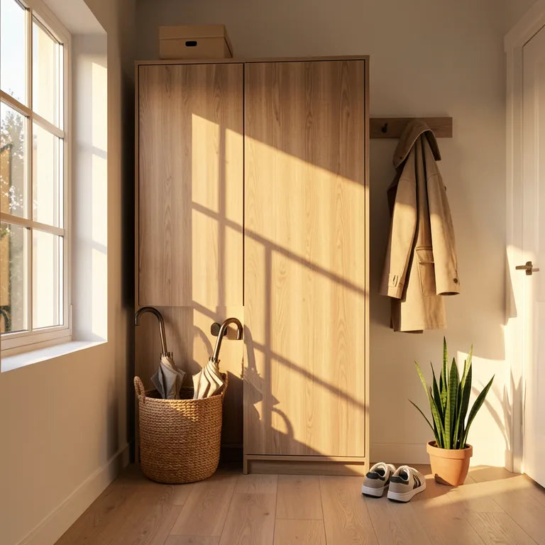 Brown laminate with a matte finish and vertical wood grain texture.