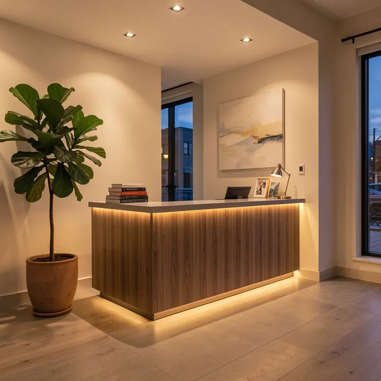 Brown laminate with textured wood grain pattern and vertical grain direction.