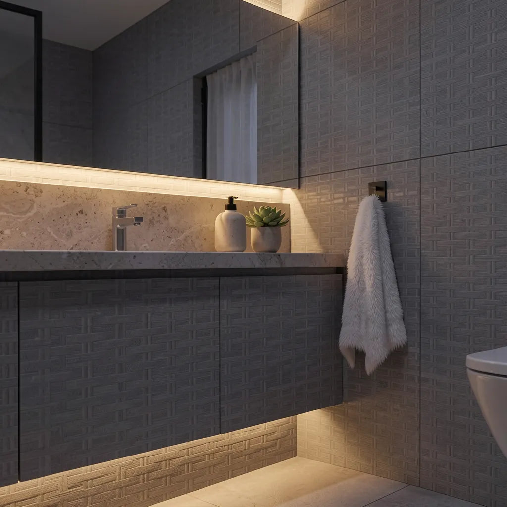 Grey laminate with textured, geometric brick pattern and subtle rectangular grain.