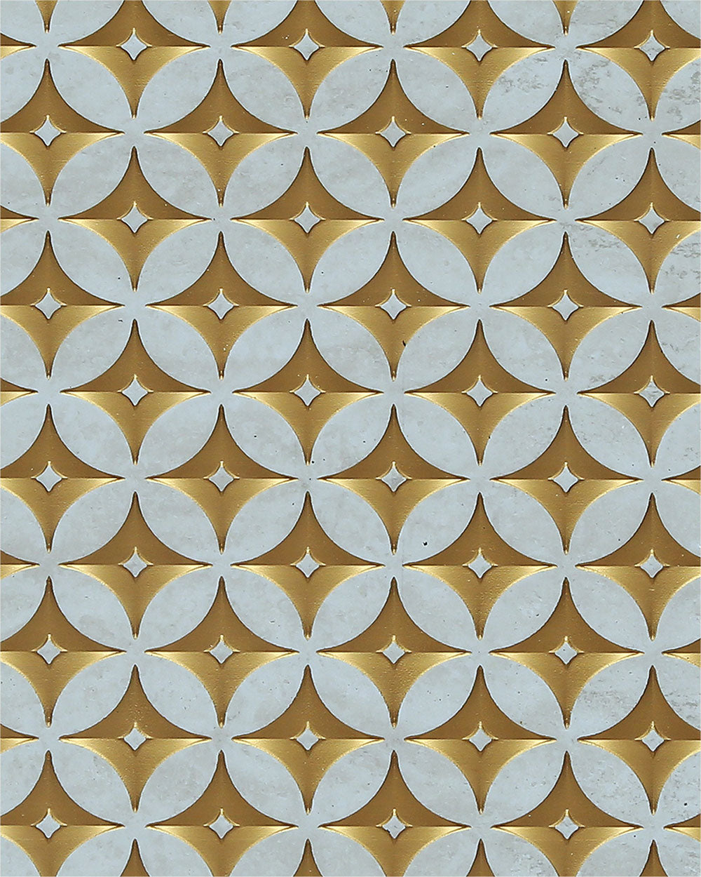 Gold and white patterned louver panel with textured floral design and diamond accents in repeating geometric pattern