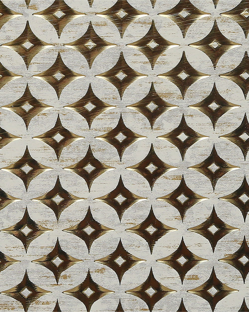 Gold louver panel with textured geometric pattern and diamond shapes, featuring a repeating floral design and metallic sheen.