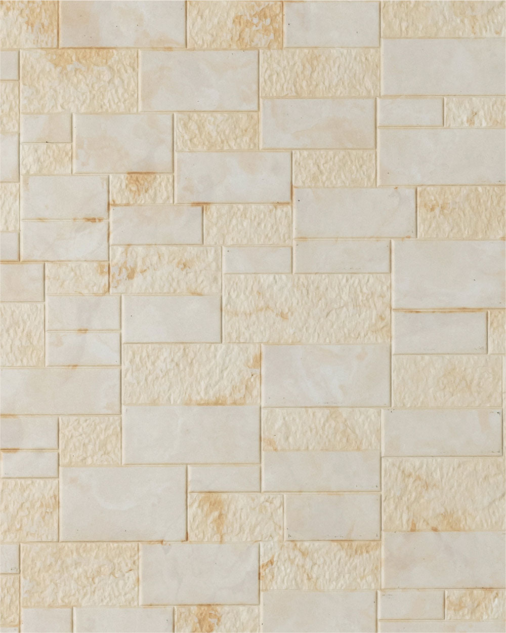 Beige marble wall panel with textured finish and stone pattern, featuring rectangular tiles in varying sizes and subtle