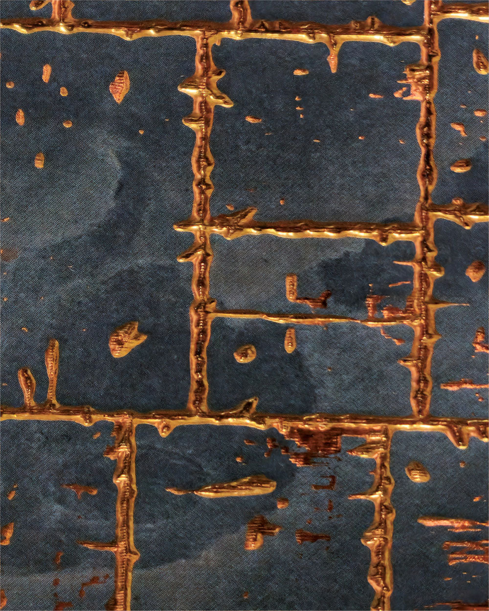 Blue designer wall panel with textured finish and copper accents, showing a brick pattern with raised metallic grid lines.