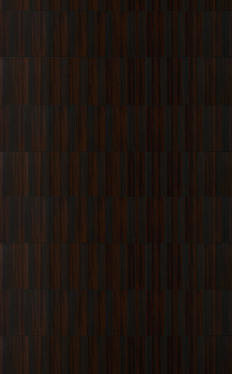Dark brown textured designer louvers with wood grain pattern and vertical grooves, arranged in a grid formation.