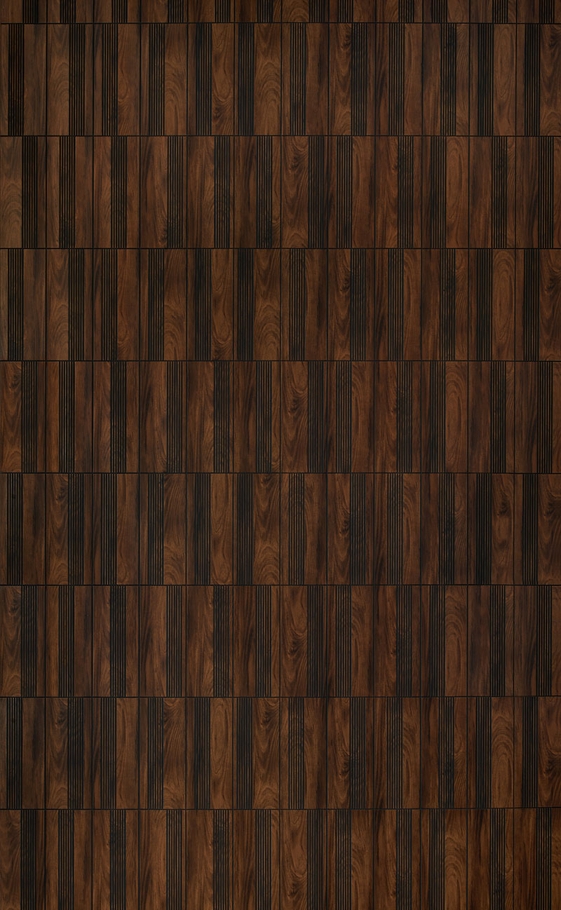 Brown wood louver wall panel with textured finish and wood grain pattern in vertical slats arrangement