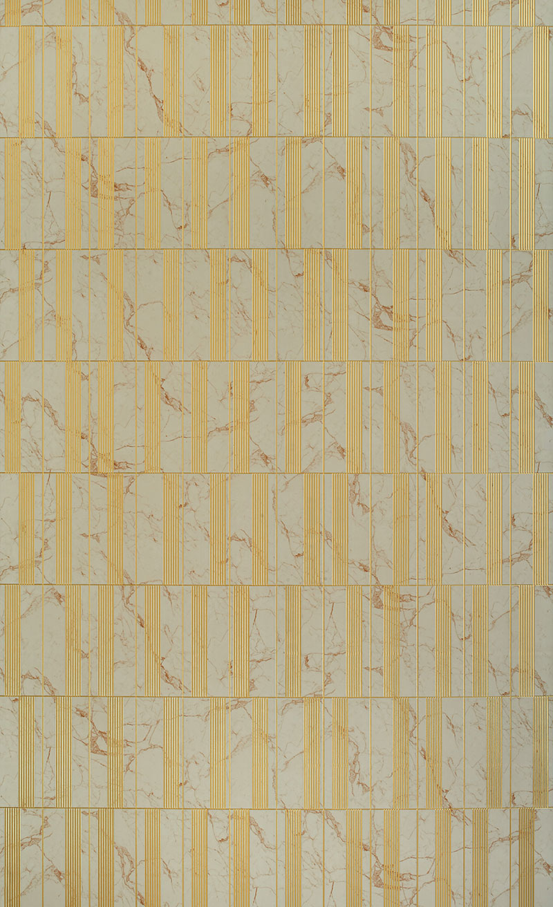 Beige marble louver panel with gold stripes and textured finish, featuring a repeating pattern of marbled and striped tiles.