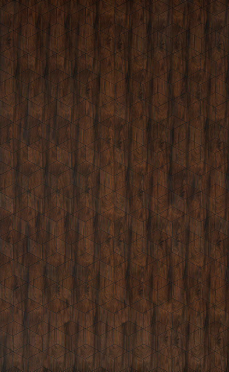 Wood louver panel with textured brown finish and 3D geometric pattern, showing wood grain and striped details.