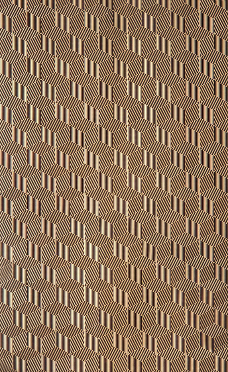 Beige textured louver panel with geometric pattern and striped design, featuring a repeating 3D cube motif and textured
