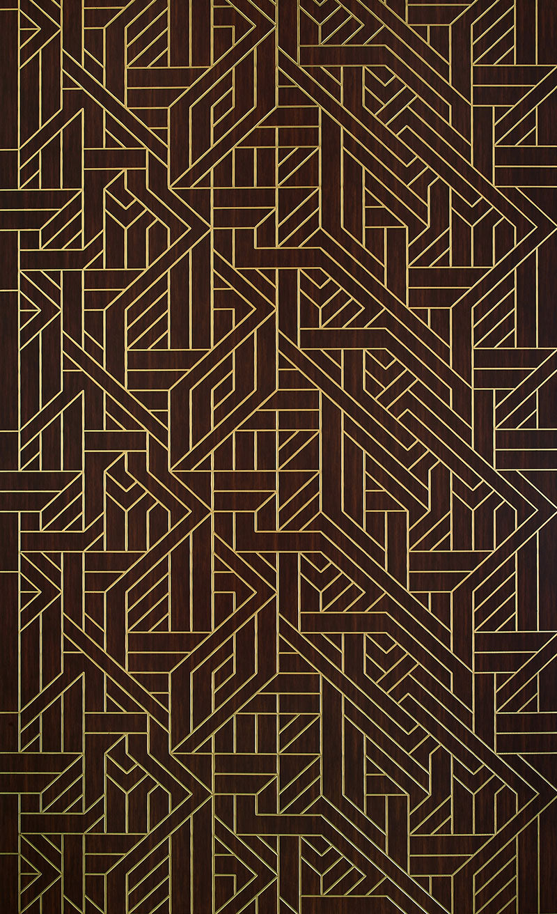Wood louver panel with geometric gold pattern on dark brown textured wood grain background