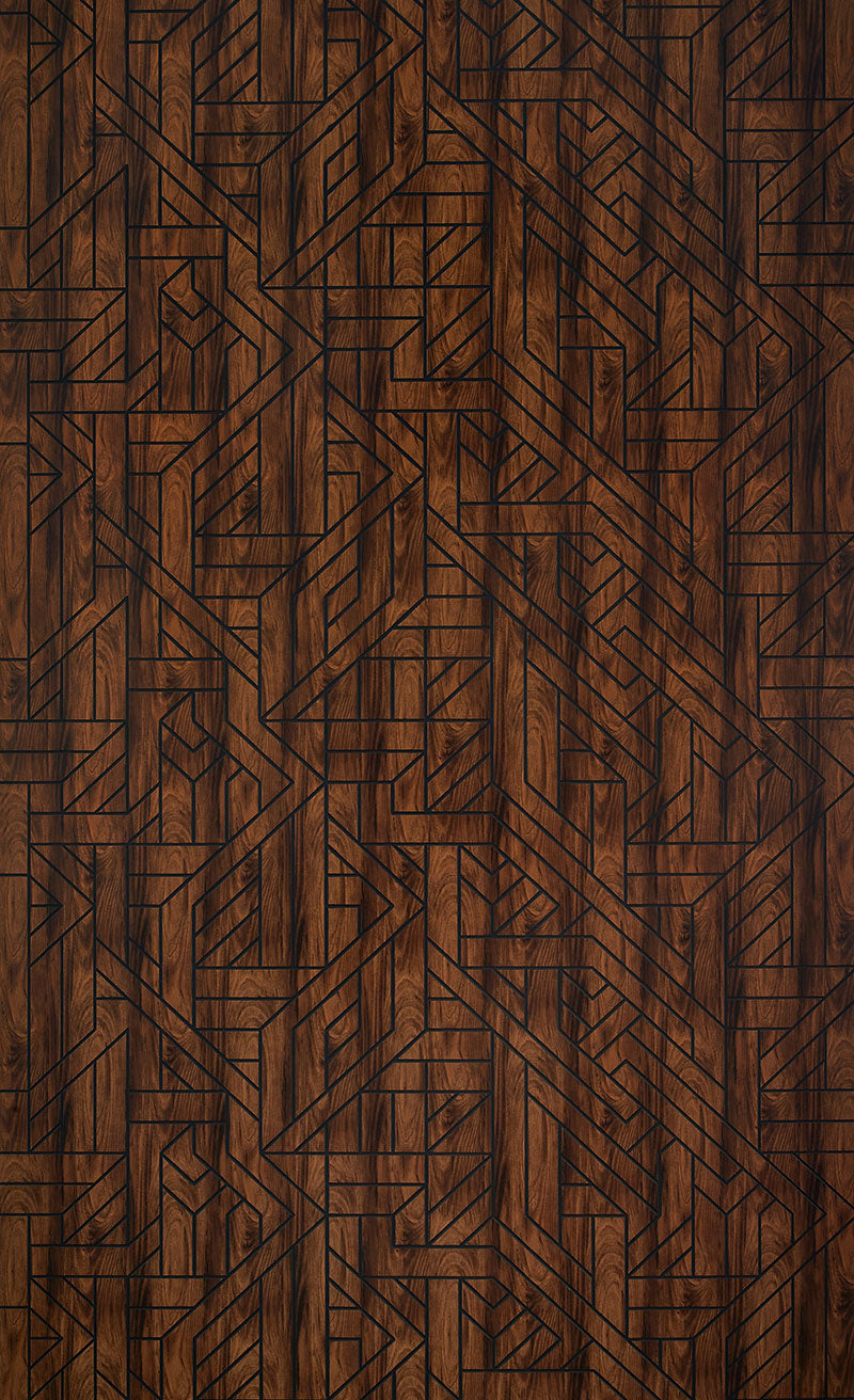 Brown wood grain louver panel with geometric pattern and textured finish.