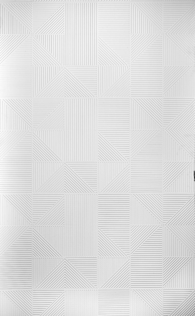 White textured louver panel with geometric pattern and embossed design featuring diagonal lines and rectangular shapes.