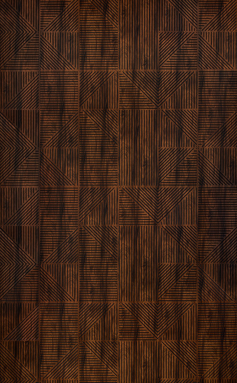 Brown textured louver wall panel with geometric pattern and carved lines, featuring a designer texture finish.