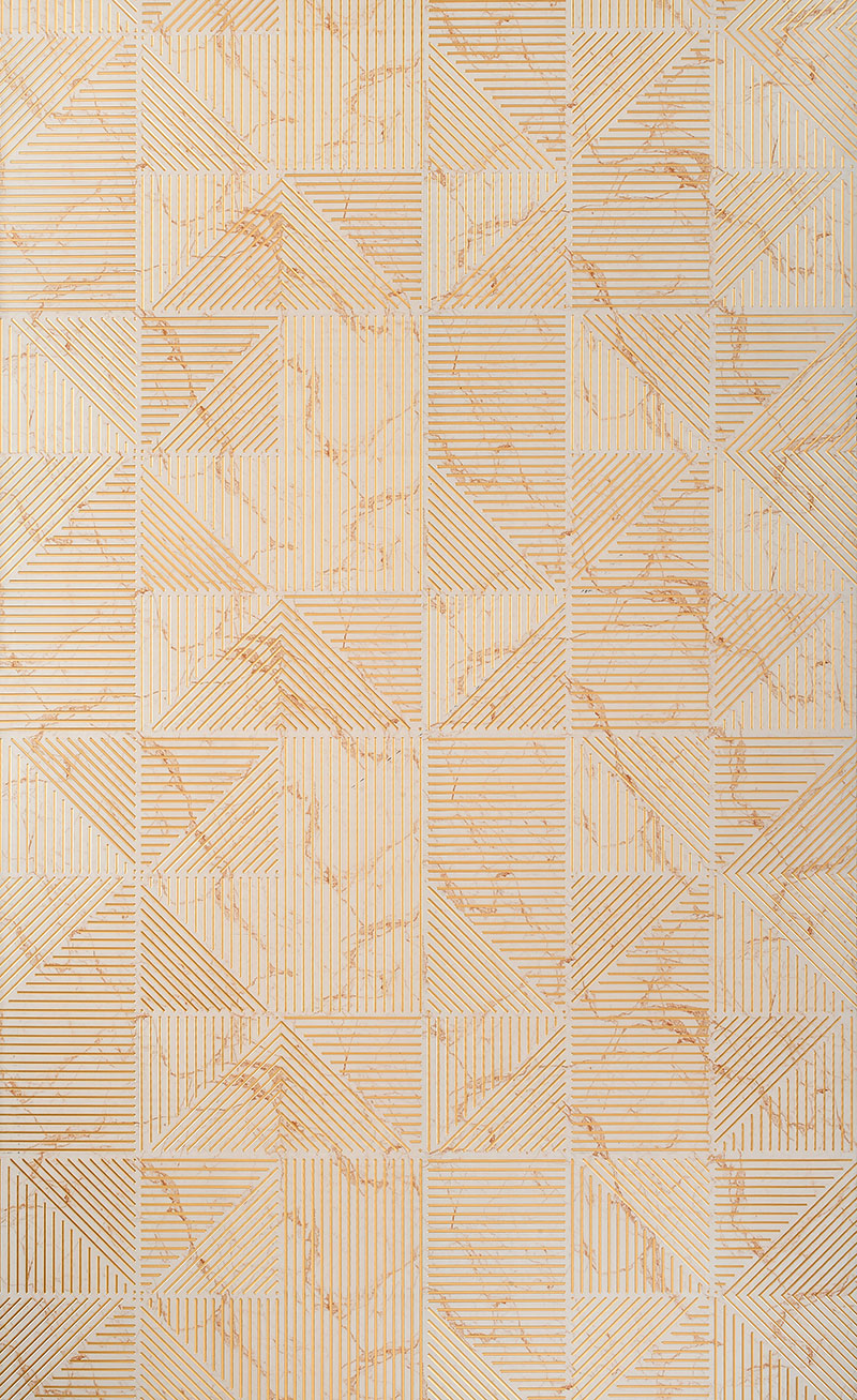 Beige louver panel with geometric pattern and marble texture design, featuring diagonal lines and chevron shapes in