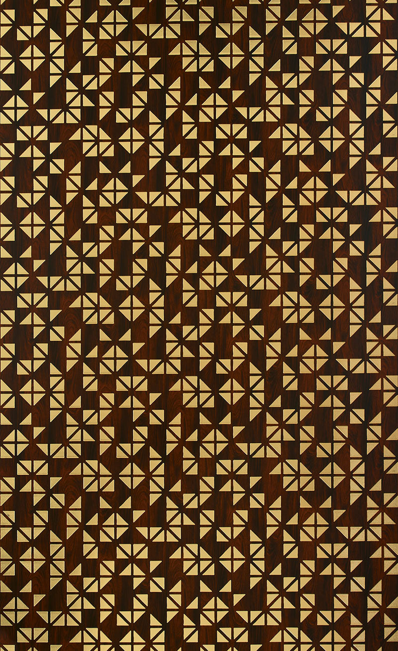 Brown louver panel with geometric pattern and textured finish, featuring triangular design and contrasting wood grain