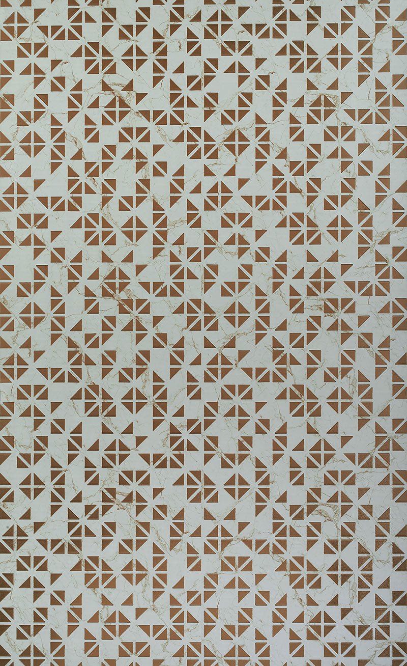 White and brown geometric patterned designer wall panel with textured finish and marble-like veining on a louver surface.