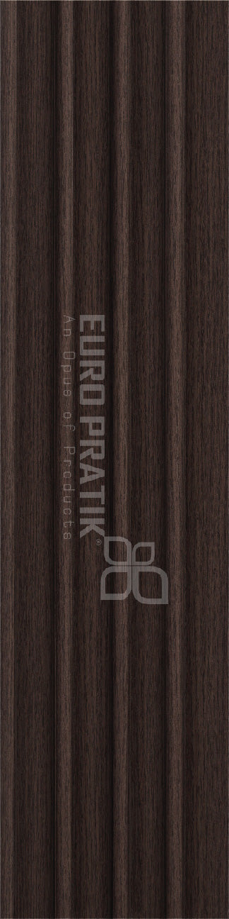Brown textured wood louver panel with visible wood grain and vertical slats, featuring Euro Pratik branding and logo.