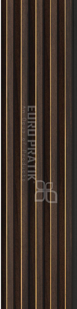 Brown wood louver panel with textured finish and visible wood grain, featuring vertical slats with narrow gaps between them