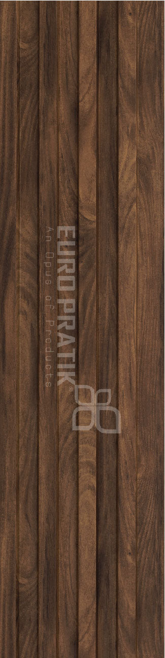 Brown wood louver panel with textured finish and wood grain pattern, vertical slats, Euro Pratik watermark visible on surface