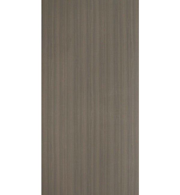 Grey wood grain decorative laminate with vertical texture and subtle sheen, showcasing a wood appearance with fine grain
