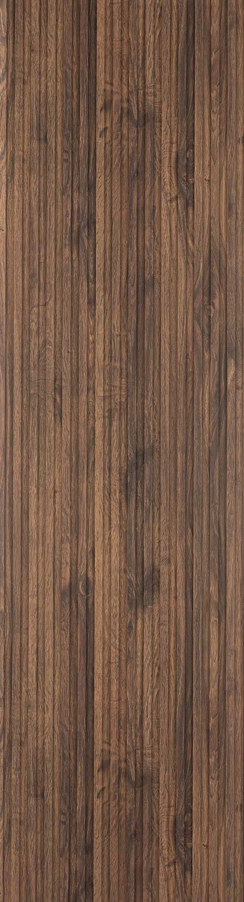 Brown wood louver panel with matte finish, vertical grain pattern, and textured surface.