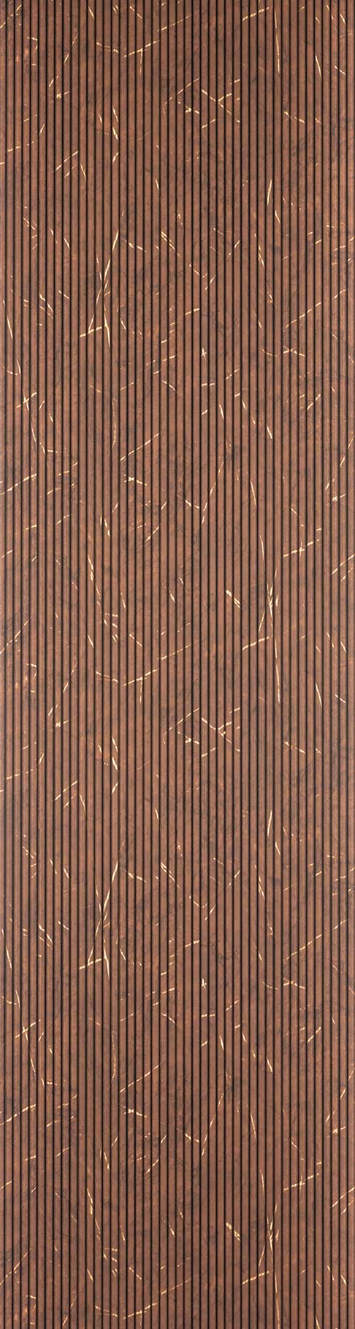 Brown marble louver panel with vertical slats and gold veining on matte finish