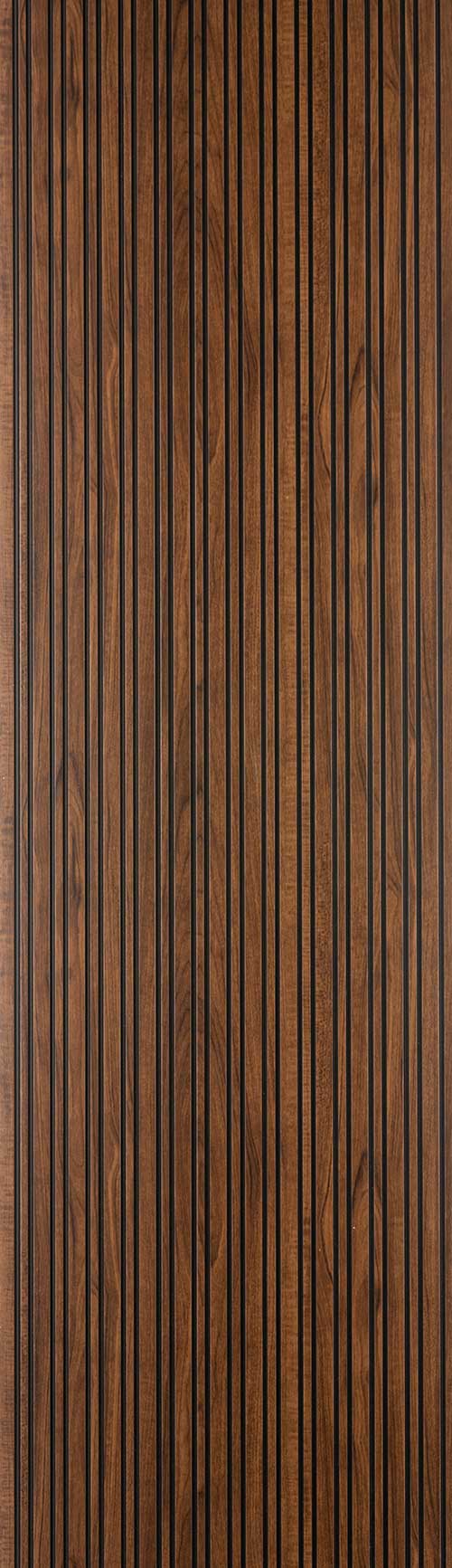 Brown wood louver panel with matte finish and visible wood grain texture in vertical slats pattern.