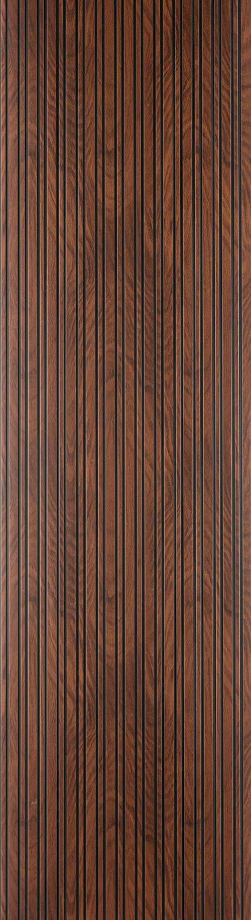 Brown wood louver panel with matte finish and vertical slats showing wood grain texture and dark brown gaps.