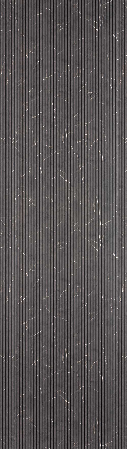 Dark brown matte louver panel with marble pattern and vertical slats showing white veining and subtle texture