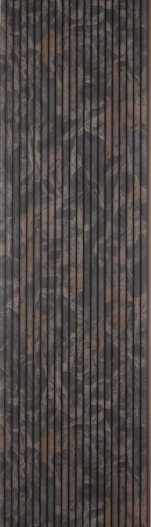 Grey fluted louver panel with matte finish and marbled pattern on vertical slats