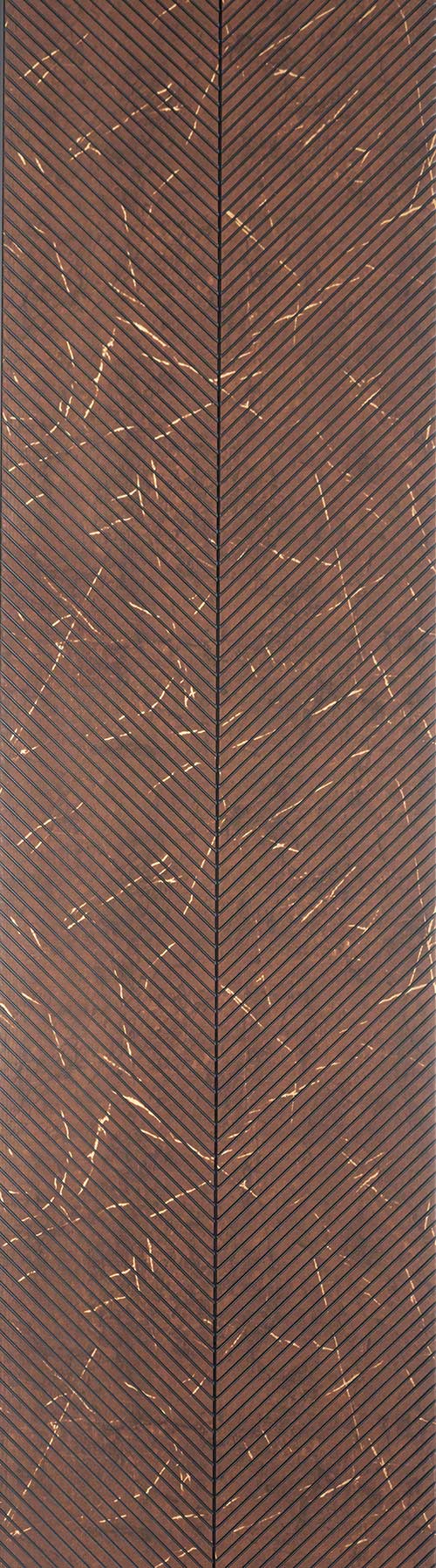 Brown fluted wall panel with diagonal grooves and marble-like veining, matte finish, showcasing a textured and patterned