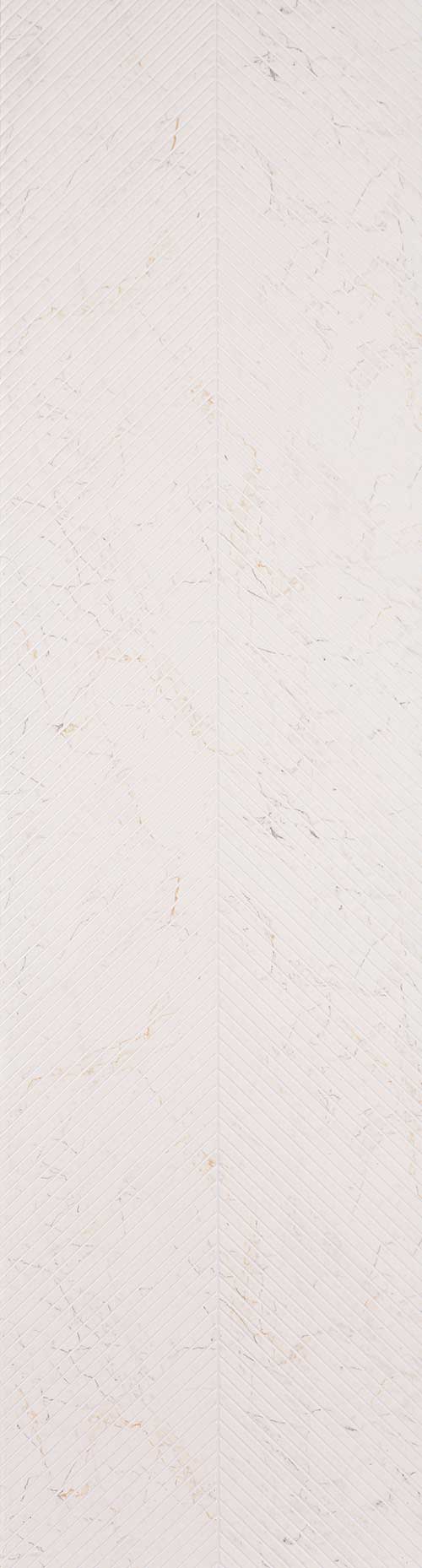 White marble wall panel with chevron pattern and matte finish, showing textured surface and subtle veining details.