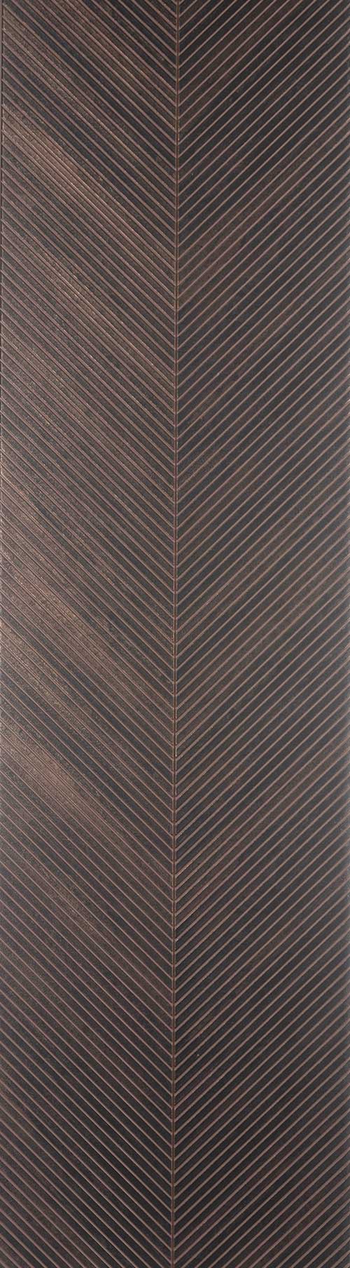 Brown fluted wall panel with matte finish and diagonal pattern, showing textured surface and parallel grooves.