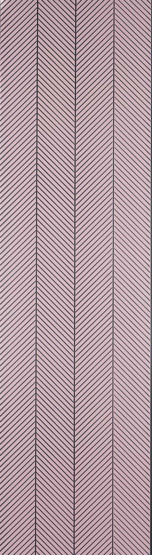 Pink fluted louver panel with matte finish and chevron pattern, featuring diagonal lines and vertical slats.