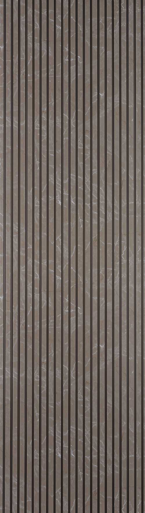 Grey marble louver panel with matte finish and vertical slats showing white veining pattern and subtle texture