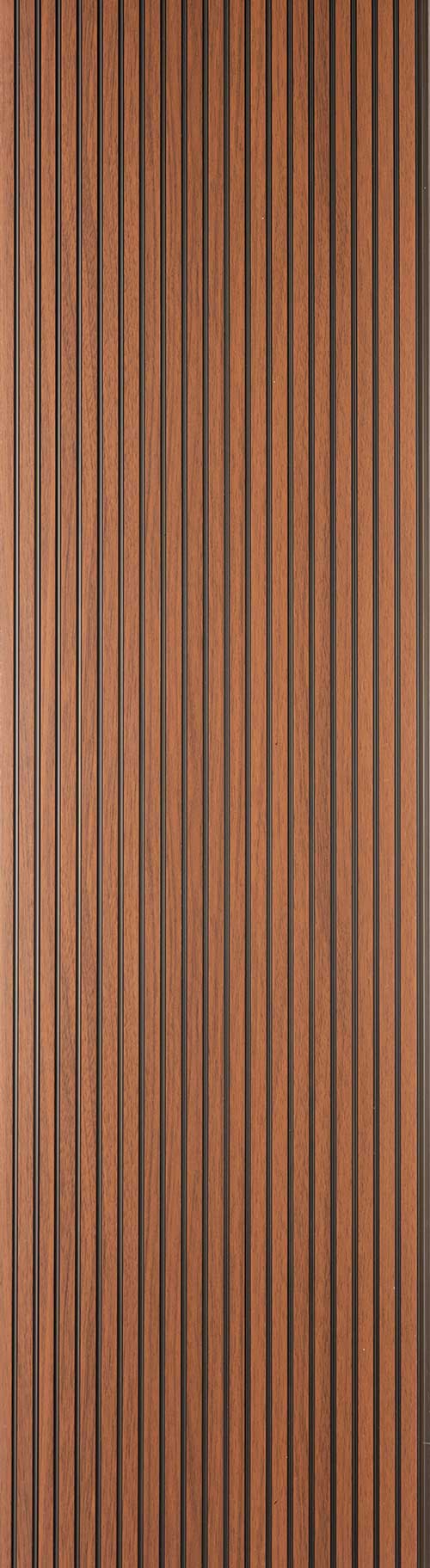 Brown wood louver panel with matte finish and wood grain texture in vertical slats pattern