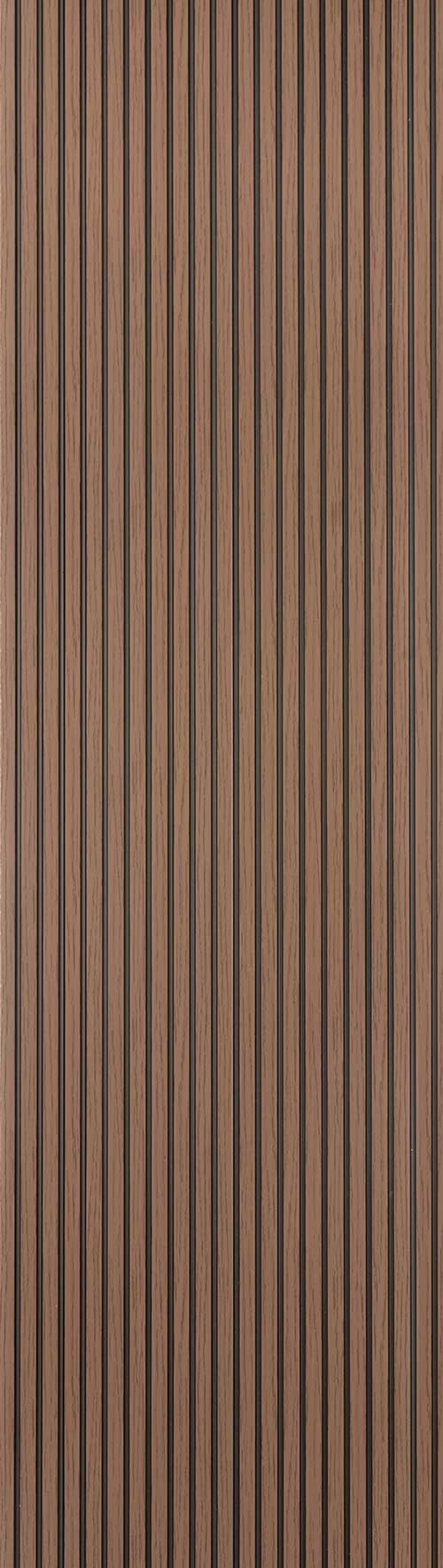 Brown fluted wall panel with matte finish and vertical wood grain texture, featuring evenly spaced narrow grooves.