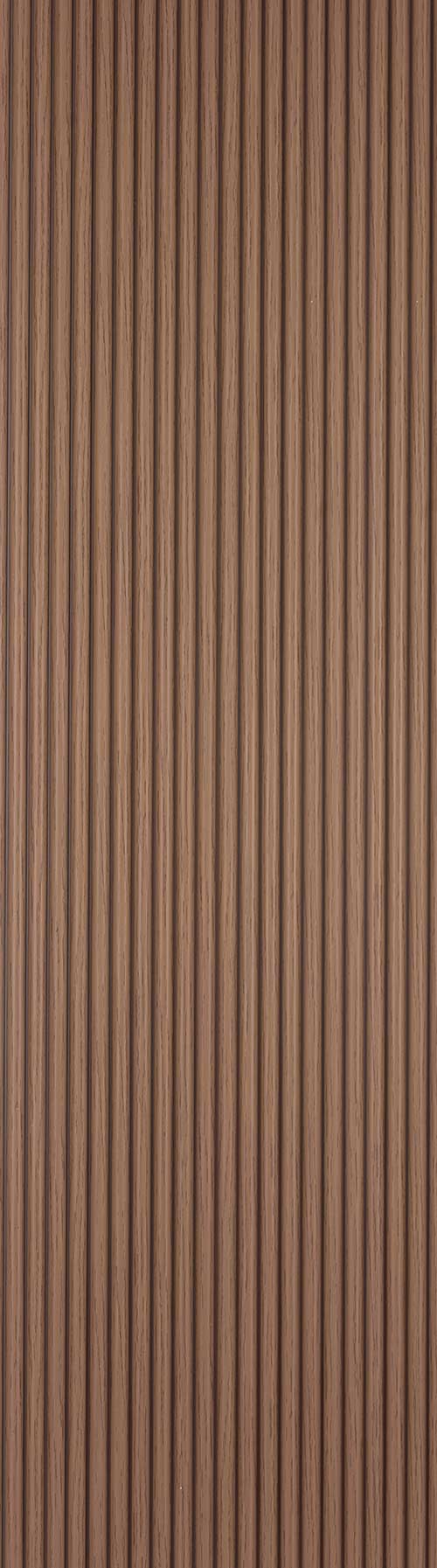 Brown fluted wall panel with matte finish and wood grain texture, featuring vertical grooves and a natural pattern.
