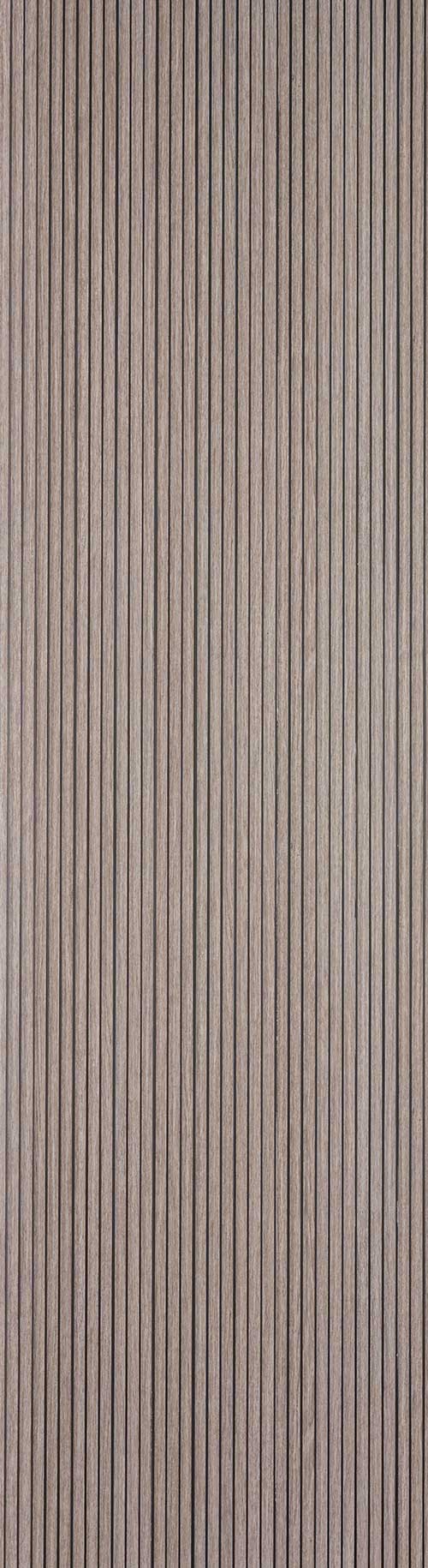 Brown fluted wall panel with vertical grooves and matte finish, showing wood grain texture and subtle sheen variation.