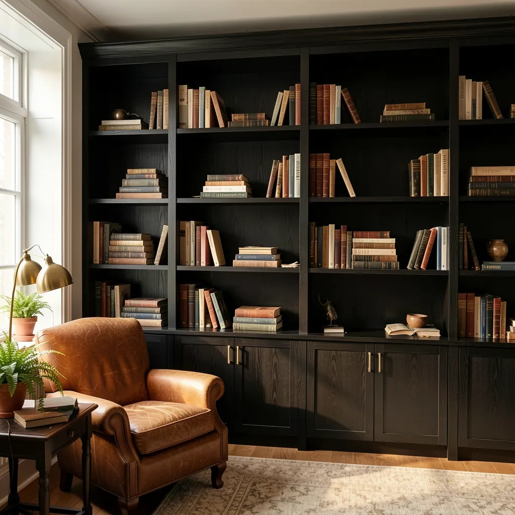 Black matte laminate with wood grain texture and dark streaks.
