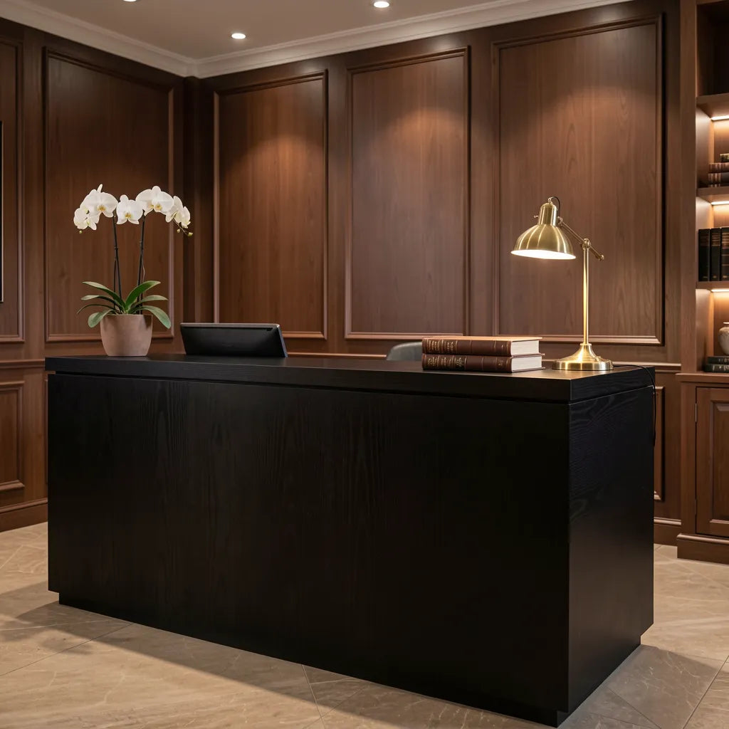Black matte laminate with wood grain texture and dark streaks.