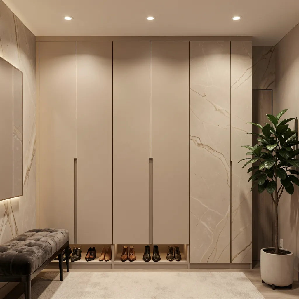 Beige marble laminate with subtle texture and veining, matte finish.