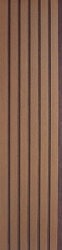 Brown wood louver panel with textured finish and wood grain visible on vertical slats